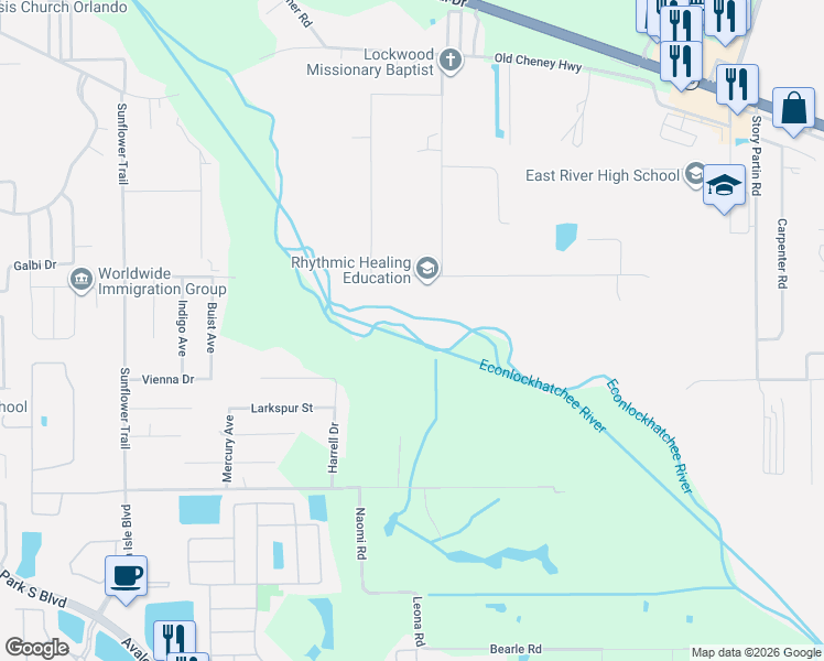map of restaurants, bars, coffee shops, grocery stores, and more near 16116 Hamilton Drive in Orlando
