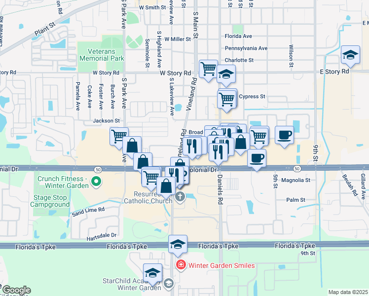 map of restaurants, bars, coffee shops, grocery stores, and more near 1043 Vineland Road in Winter Garden