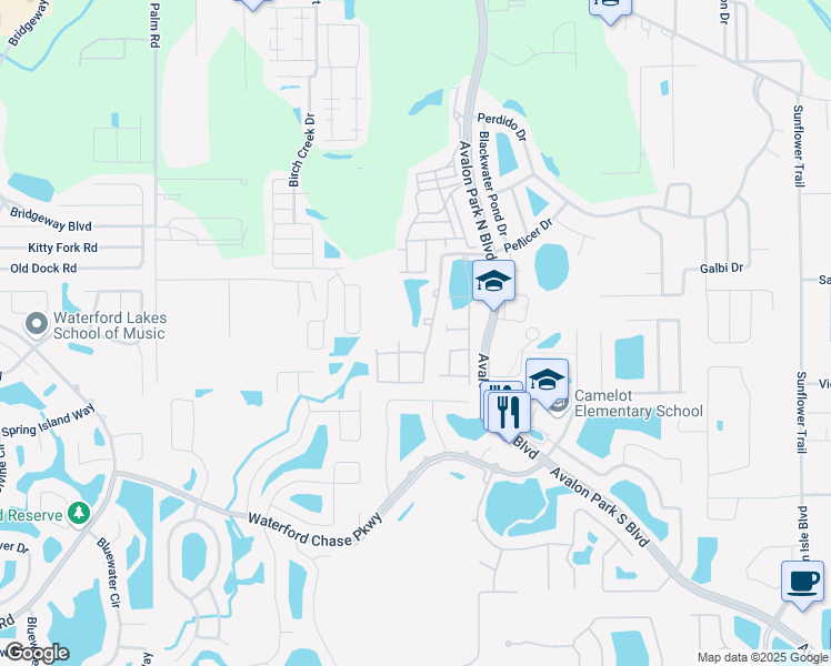 map of restaurants, bars, coffee shops, grocery stores, and more near 1234 Avalon Reserve Boulevard in Orlando
