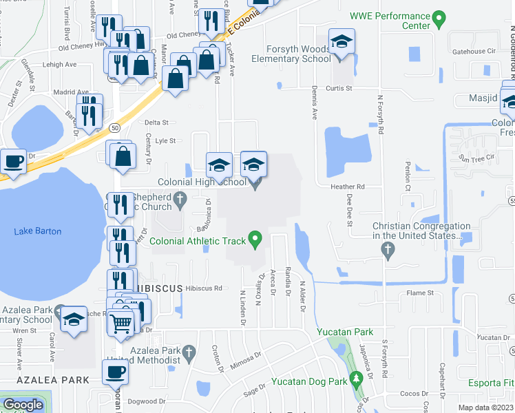 map of restaurants, bars, coffee shops, grocery stores, and more near 6201 Nandina Dr in Orlando