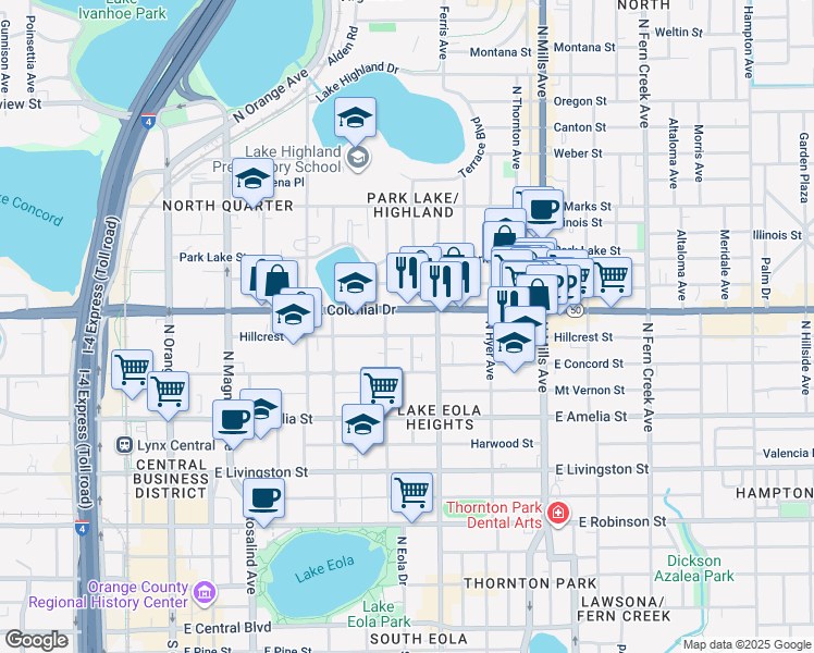 map of restaurants, bars, coffee shops, grocery stores, and more near 603 Hillcrest Street in Orlando