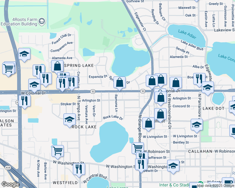 map of restaurants, bars, coffee shops, grocery stores, and more near 639 Ramona Lane in Orlando