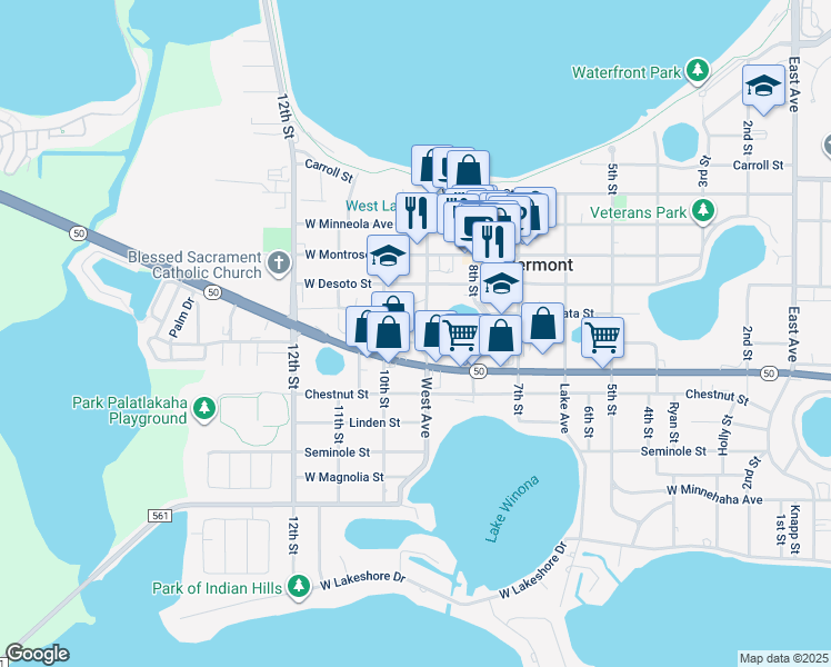 map of restaurants, bars, coffee shops, grocery stores, and more near 938 West Avenue in Clermont