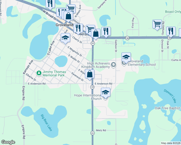 map of restaurants, bars, coffee shops, grocery stores, and more near 618 Florida 33 in Groveland