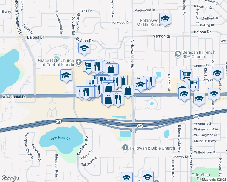 map of restaurants, bars, coffee shops, grocery stores, and more near 7383 West Colonial Drive in Orlando