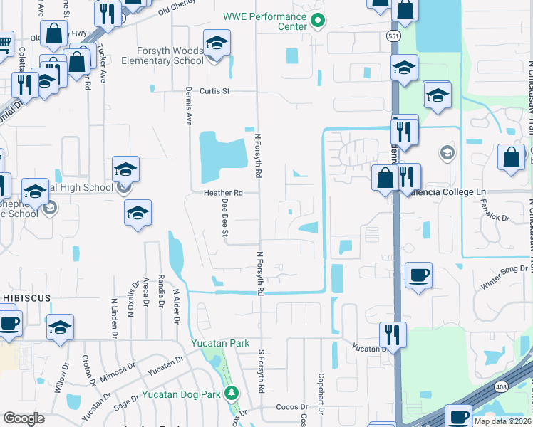 map of restaurants, bars, coffee shops, grocery stores, and more near 615 North Forsyth Road in Orlando