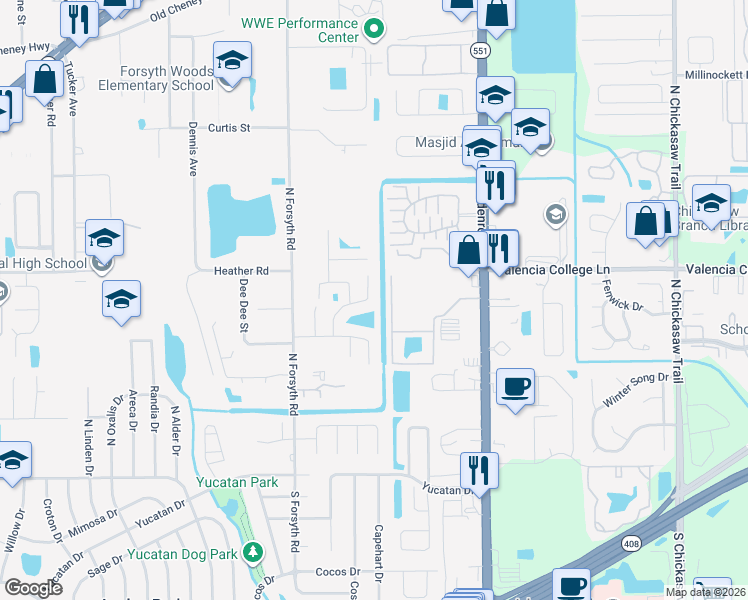 map of restaurants, bars, coffee shops, grocery stores, and more near 605 Caladesi Trail in Orlando