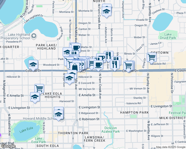 map of restaurants, bars, coffee shops, grocery stores, and more near 1500 East Colonial Drive in Orlando