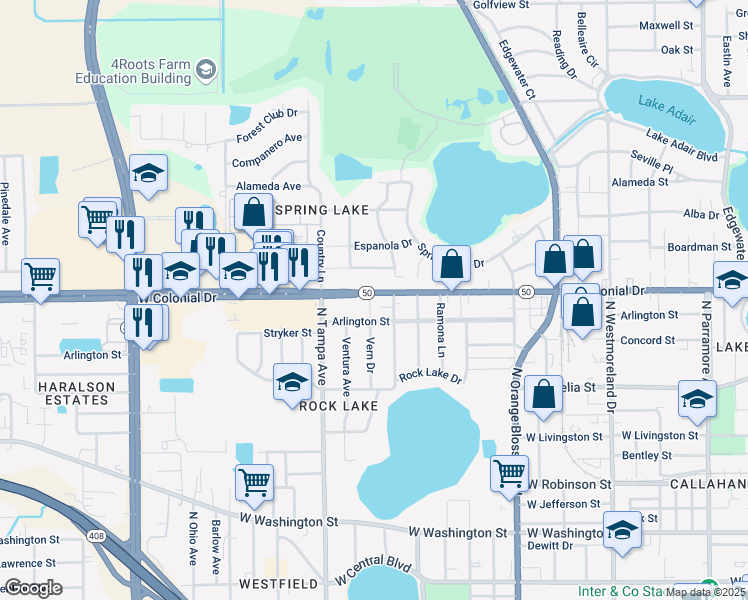 map of restaurants, bars, coffee shops, grocery stores, and more near 1716 West Colonial Drive in Orlando