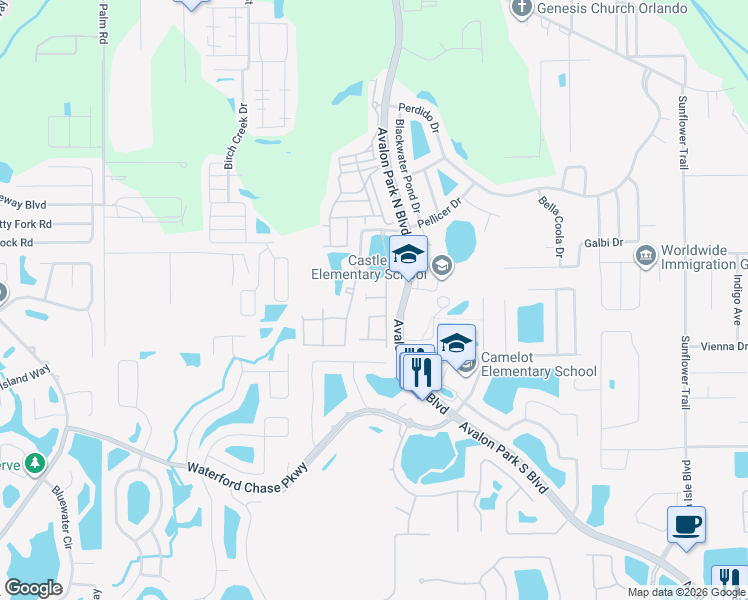 map of restaurants, bars, coffee shops, grocery stores, and more near 12048 White Wave Point in Orlando