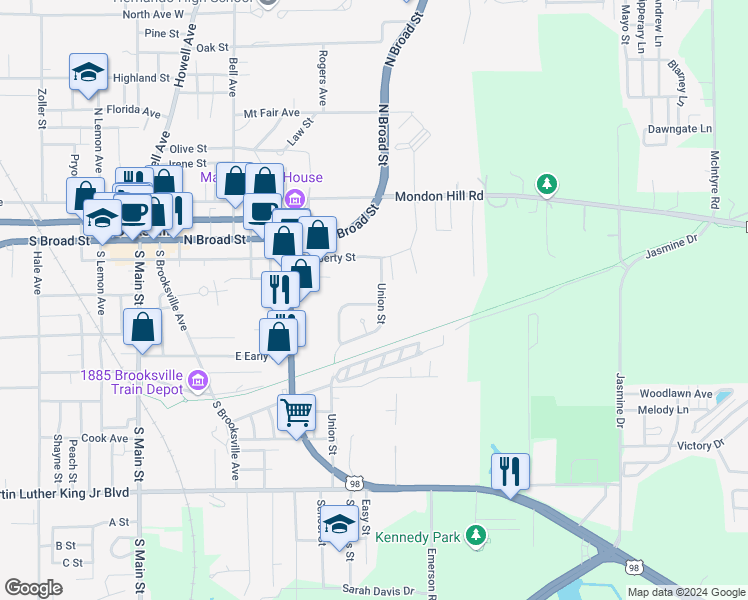 map of restaurants, bars, coffee shops, grocery stores, and more near 845 Continental Drive in Brooksville