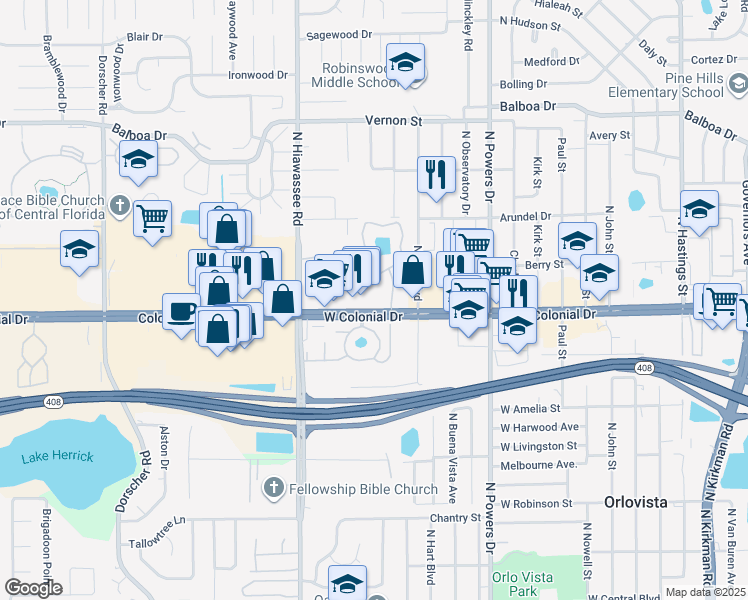 map of restaurants, bars, coffee shops, grocery stores, and more near 6603 West Colonial Drive in Orlando