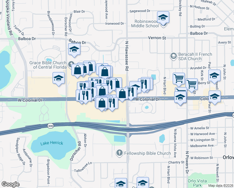 map of restaurants, bars, coffee shops, grocery stores, and more near 7025 West Colonial Drive in Orlando