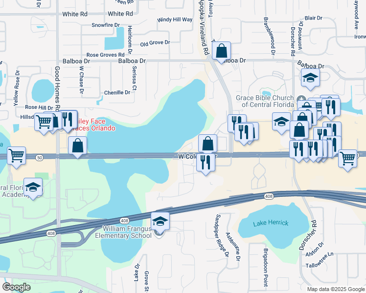 map of restaurants, bars, coffee shops, grocery stores, and more near 8105 West Colonial Drive in Orlando
