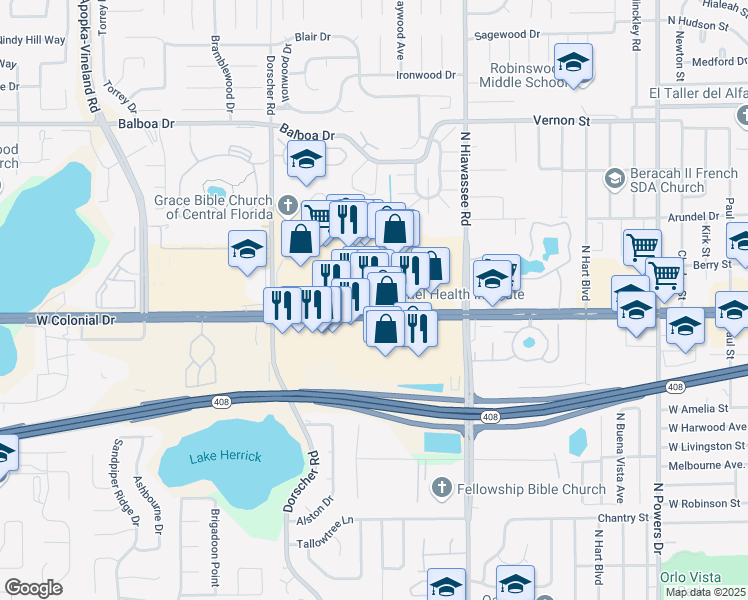 map of restaurants, bars, coffee shops, grocery stores, and more near 7251 West Colonial Drive in Orlando
