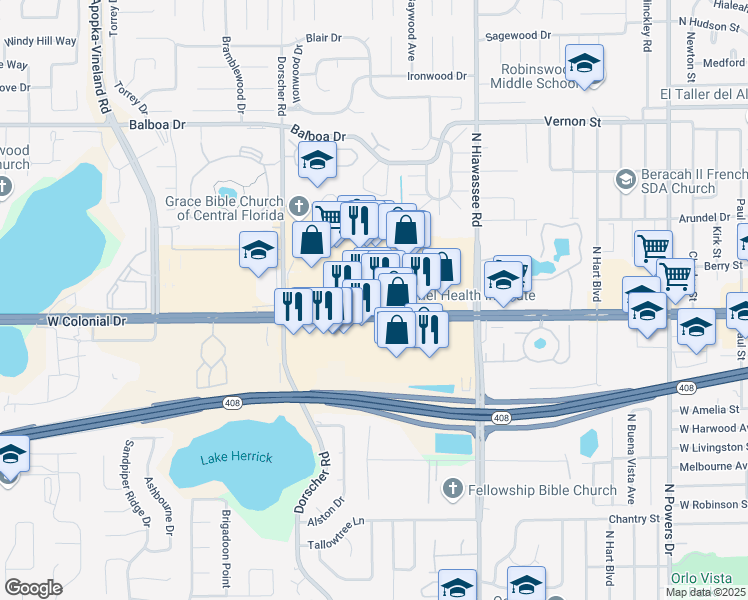 map of restaurants, bars, coffee shops, grocery stores, and more near 7251 West Colonial Drive in Orlando
