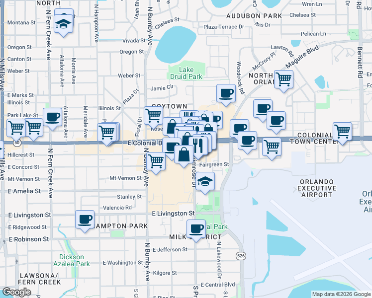 map of restaurants, bars, coffee shops, grocery stores, and more near 2714 East Colonial Drive in Orlando