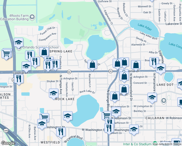 map of restaurants, bars, coffee shops, grocery stores, and more near 639 Ramona Lane in Orlando