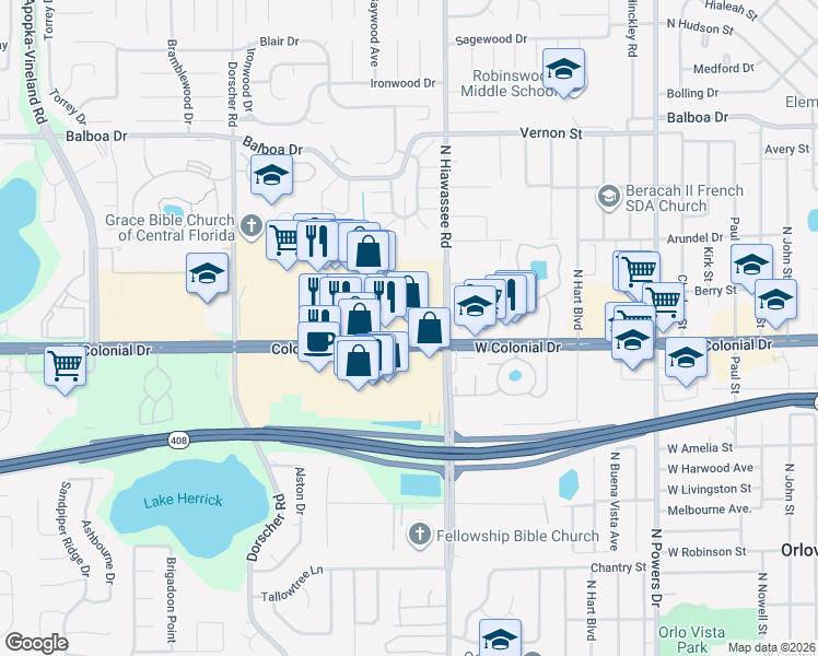 map of restaurants, bars, coffee shops, grocery stores, and more near 7025 West Colonial Drive in Orlando