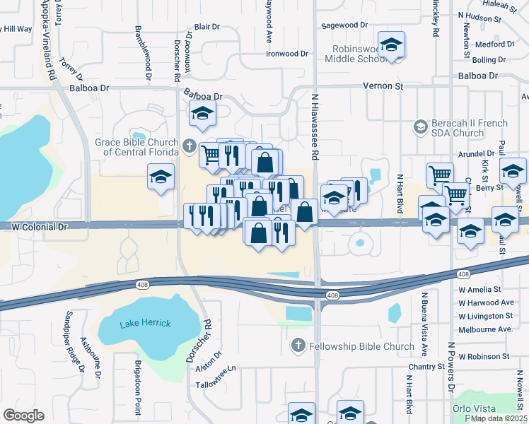 map of restaurants, bars, coffee shops, grocery stores, and more near 7383 W Colonial Dr in Orlando