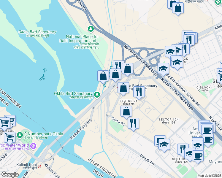 map of restaurants, bars, coffee shops, grocery stores, and more near Sector Road in Noida