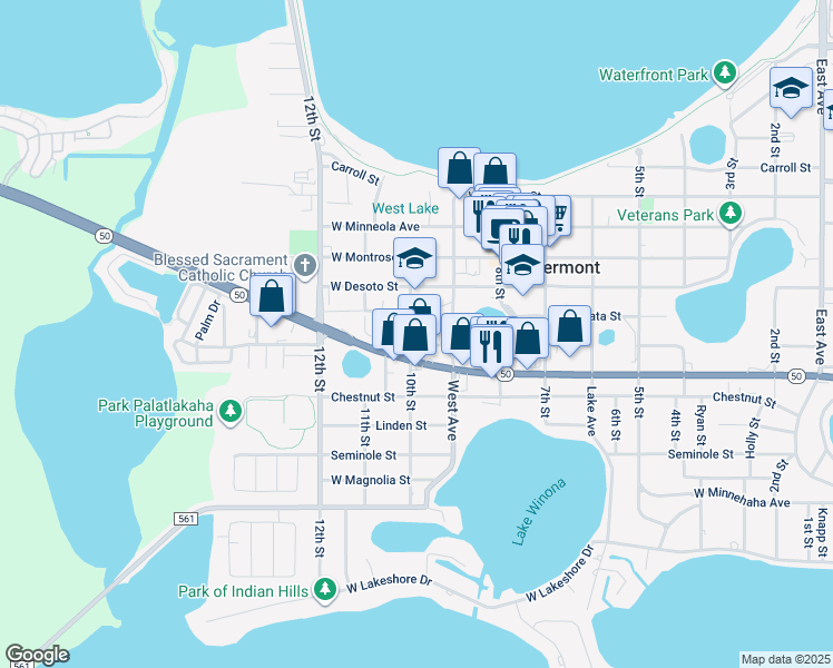map of restaurants, bars, coffee shops, grocery stores, and more near 945 10th Street in Clermont