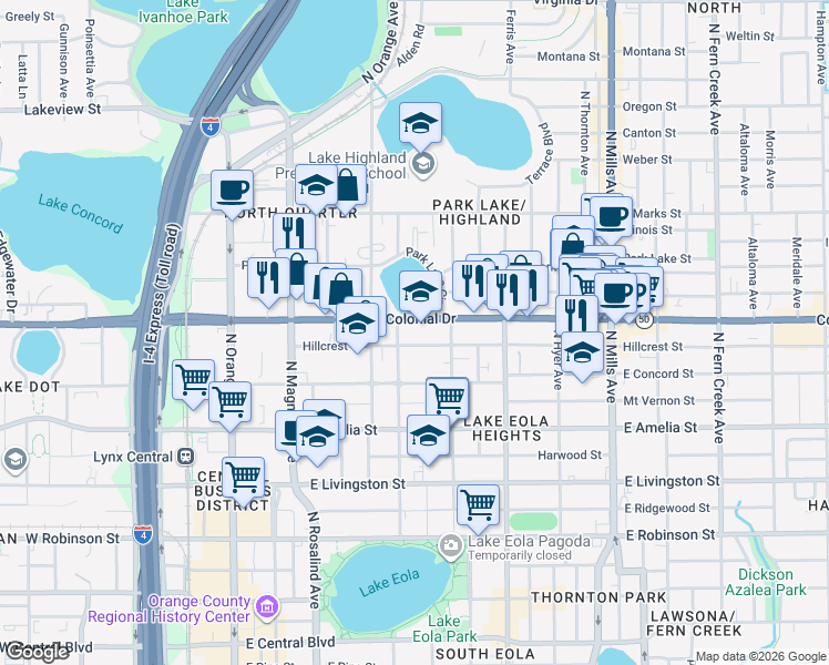 map of restaurants, bars, coffee shops, grocery stores, and more near 400 East Colonial Drive in Orlando
