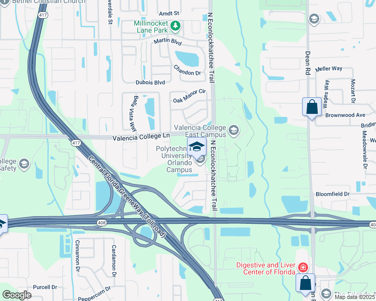 map of restaurants, bars, coffee shops, grocery stores, and more near 654 North Econlockhatchee Trail in Orlando