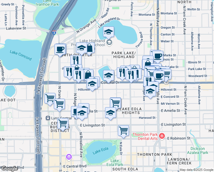 map of restaurants, bars, coffee shops, grocery stores, and more near 400 East Colonial Drive in Orlando