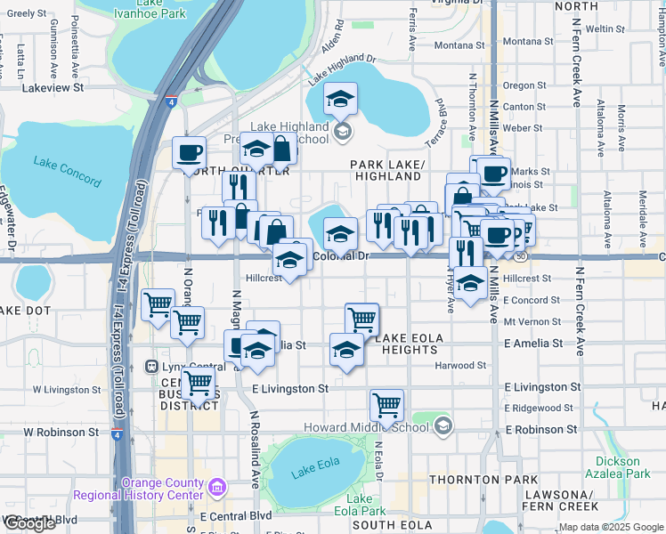 map of restaurants, bars, coffee shops, grocery stores, and more near 400 East Colonial Drive in Orlando