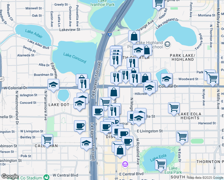 map of restaurants, bars, coffee shops, grocery stores, and more near in Orlando