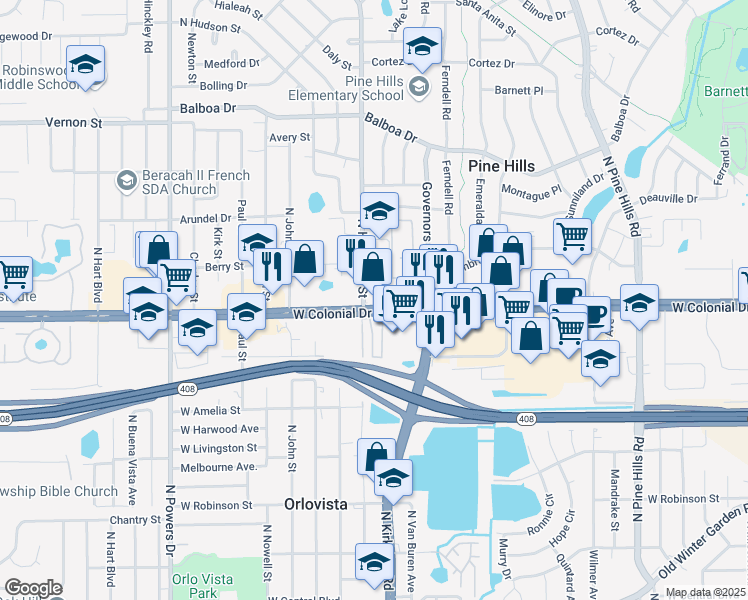 map of restaurants, bars, coffee shops, grocery stores, and more near 5625 West Colonial Drive in Orlando