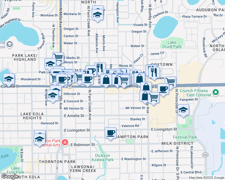 map of restaurants, bars, coffee shops, grocery stores, and more near 1840 East Colonial Drive in Orlando