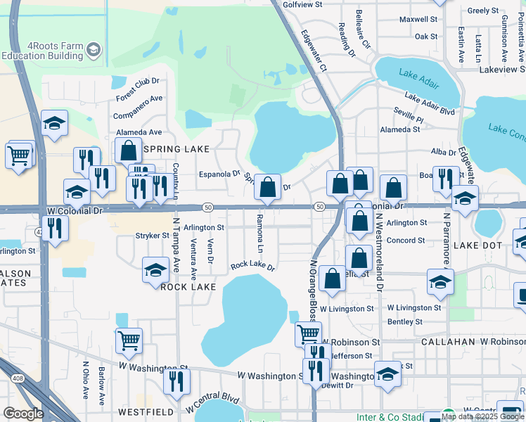 map of restaurants, bars, coffee shops, grocery stores, and more near 639 Ramona Lane in Orlando