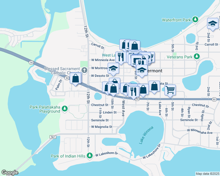 map of restaurants, bars, coffee shops, grocery stores, and more near 950 10th Street in Clermont