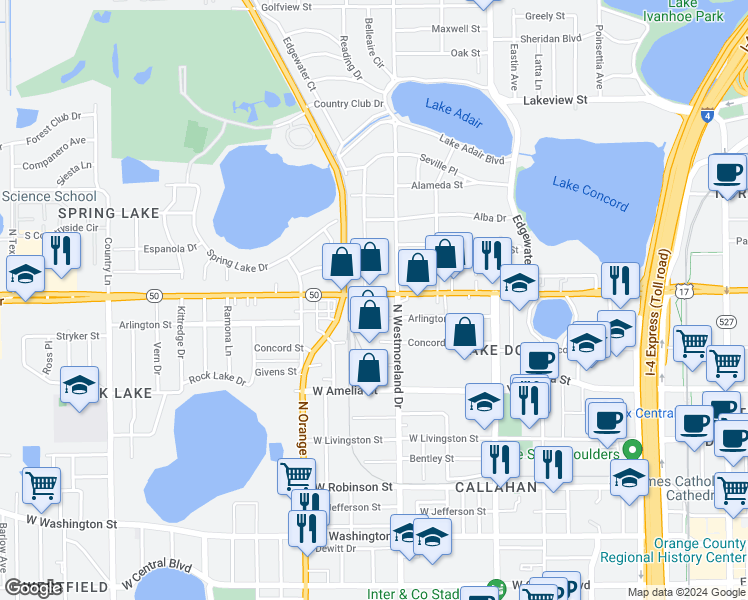 map of restaurants, bars, coffee shops, grocery stores, and more near 1100 West Colonial Drive in Orlando