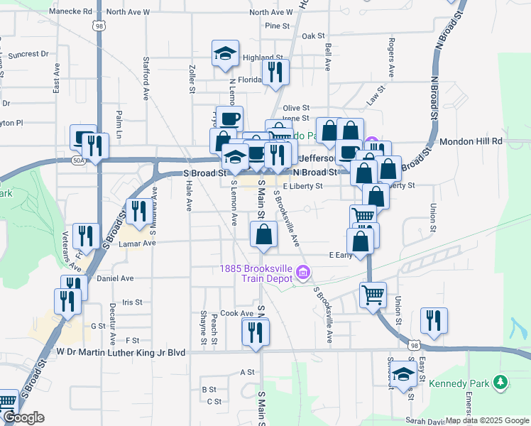map of restaurants, bars, coffee shops, grocery stores, and more near 201 South Main Street in Brooksville