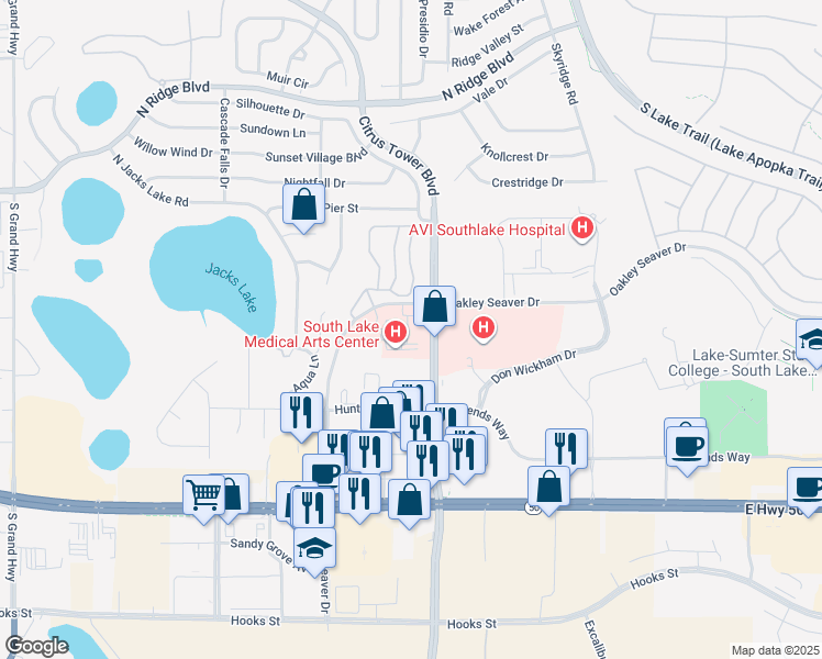 map of restaurants, bars, coffee shops, grocery stores, and more near 851 Oakley Seaver Drive in Clermont
