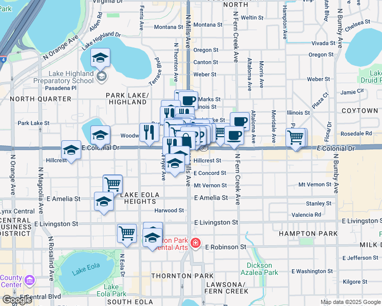 map of restaurants, bars, coffee shops, grocery stores, and more near 634 Florida 15 in Orlando