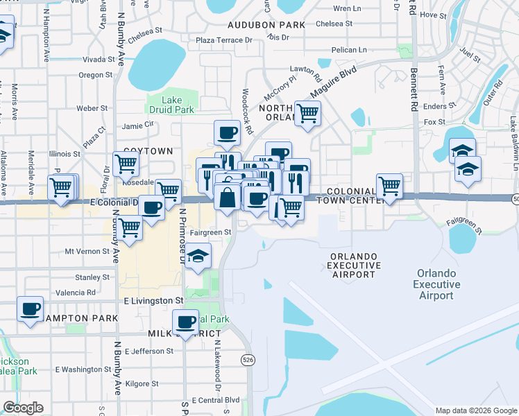 map of restaurants, bars, coffee shops, grocery stores, and more near 3206 East Colonial Drive in Orlando