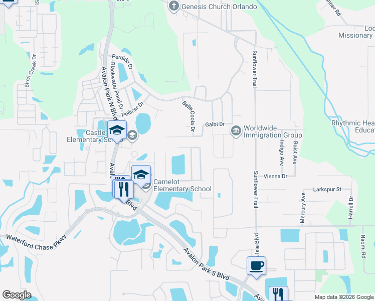 map of restaurants, bars, coffee shops, grocery stores, and more near 1020 Battery Pointe Drive in Orlando