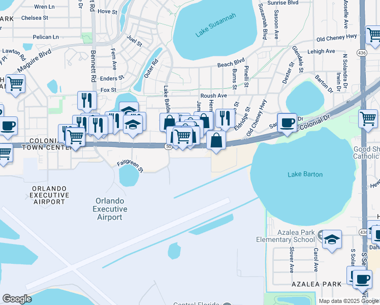 map of restaurants, bars, coffee shops, grocery stores, and more near 4968 Fairgreen Street in Orlando