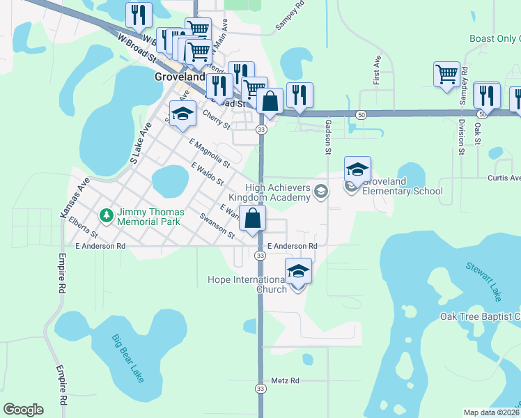 map of restaurants, bars, coffee shops, grocery stores, and more near Florida 33 in Groveland