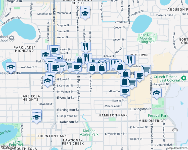 map of restaurants, bars, coffee shops, grocery stores, and more near 1840 East Colonial Drive in Orlando