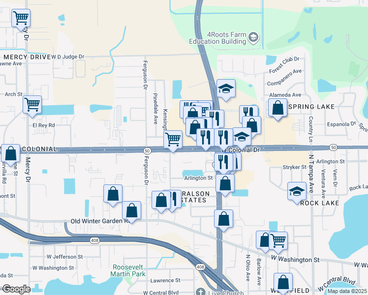 map of restaurants, bars, coffee shops, grocery stores, and more near 3225 West Colonial Drive in Orlando