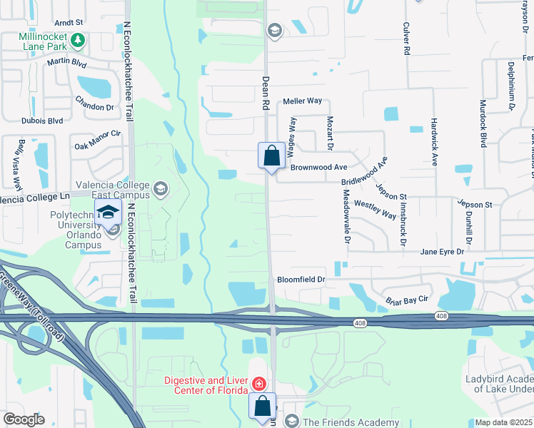 map of restaurants, bars, coffee shops, grocery stores, and more near 10000 Richardson Court in Orlando