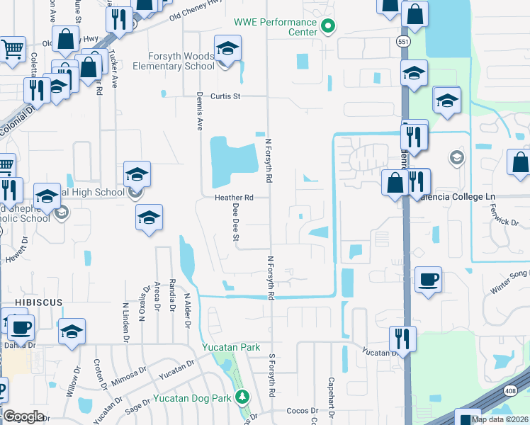 map of restaurants, bars, coffee shops, grocery stores, and more near 615 North Forsyth Road in Orlando