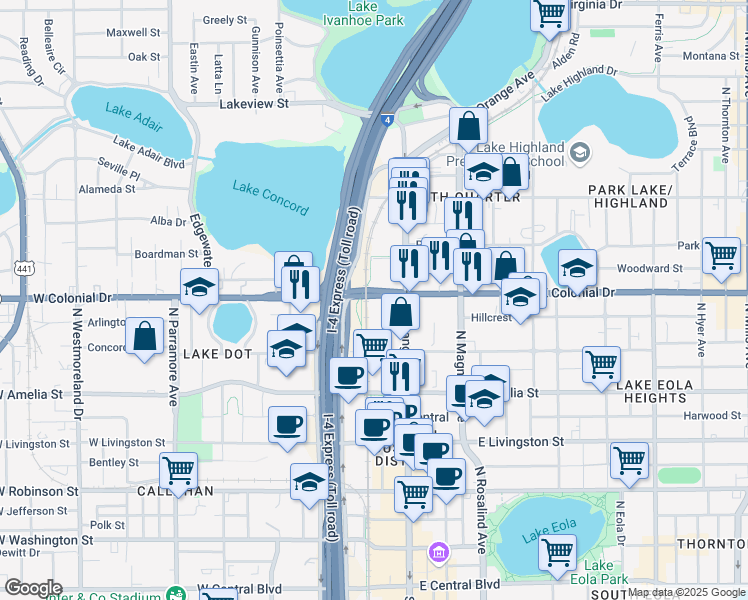 map of restaurants, bars, coffee shops, grocery stores, and more near 645 North Garland Avenue in Orlando