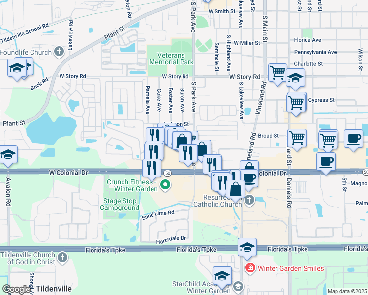 map of restaurants, bars, coffee shops, grocery stores, and more near 14001 West Colonial Drive in Winter Garden
