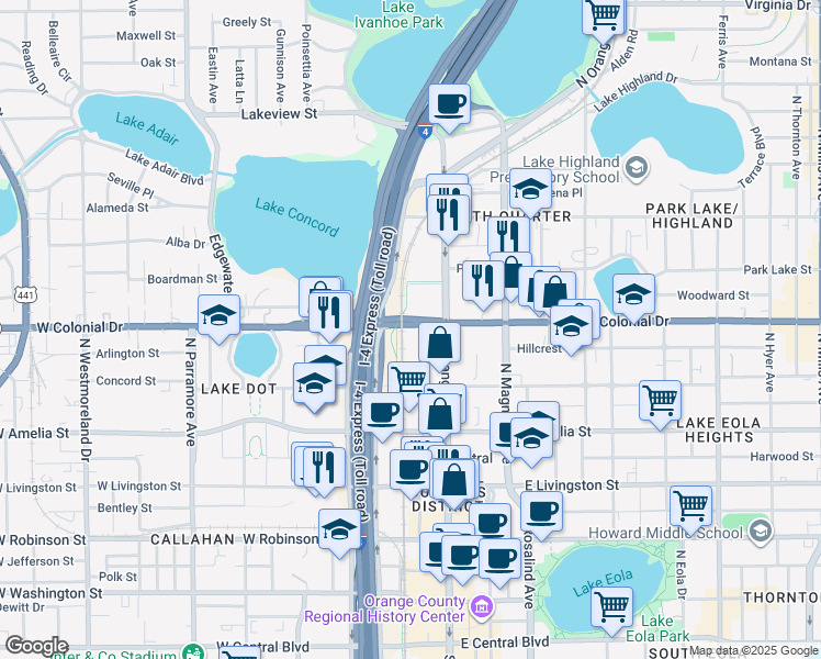 map of restaurants, bars, coffee shops, grocery stores, and more near 645 North Garland Avenue in Orlando